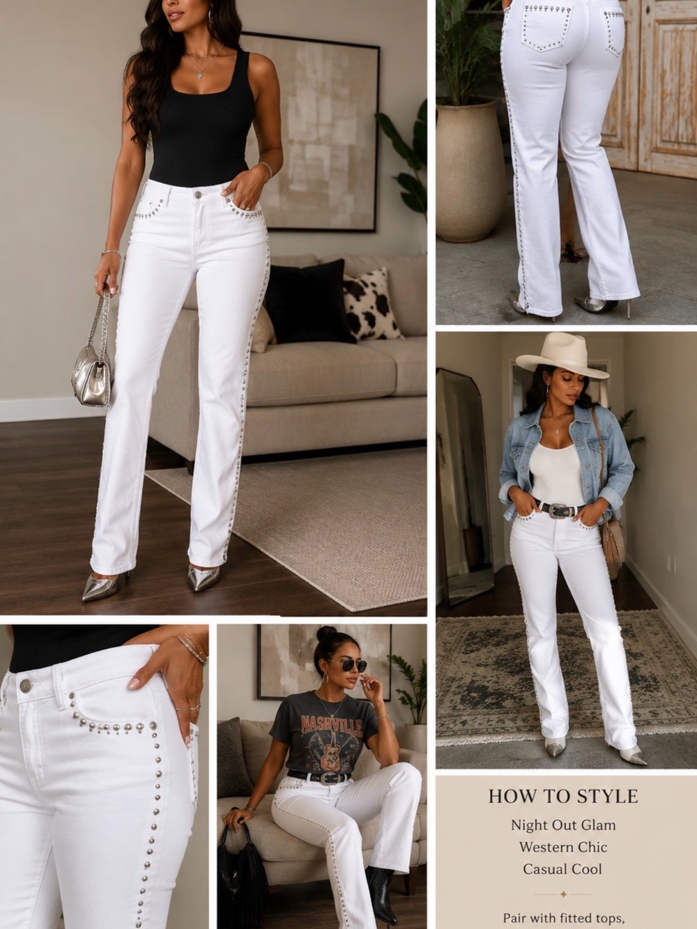 Western Cowgirl White Denim Stud-Trim Wide Leg Jeans - Sleek High-Rise Flare
